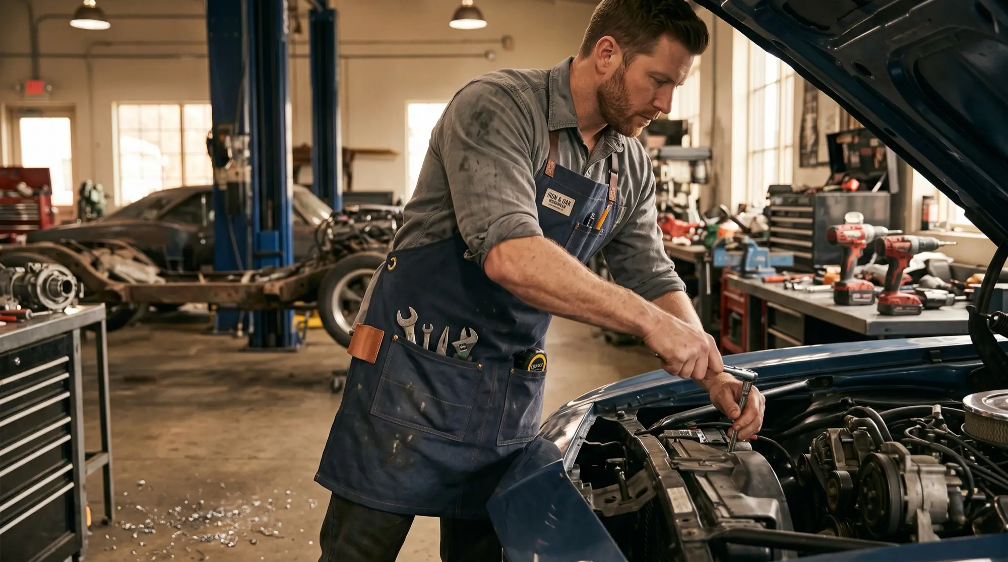 mechanic in a navy waxed-canvas work apron with wrenches in the front pockets leaning into the engine bay of a car in a repair shop