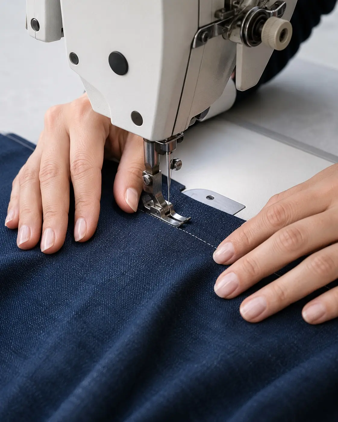 close-up of hands guiding navy denim under an industrial sewing machine needle as a straight seam is stitched